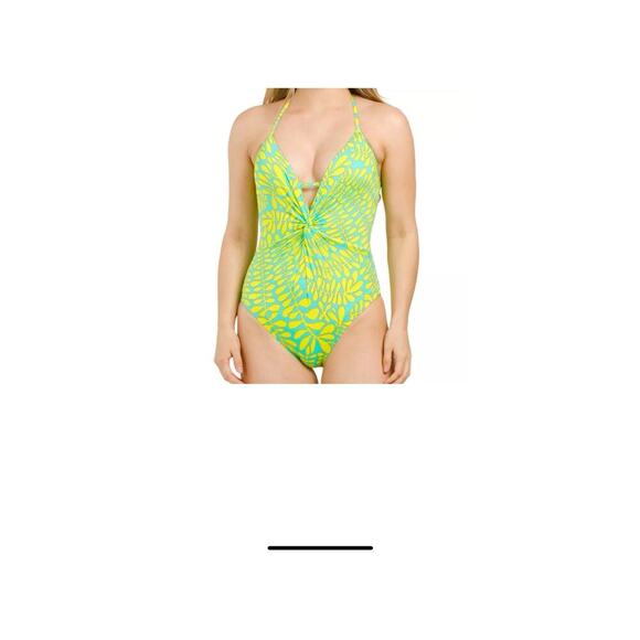 Trina Turk TRELLIS One Piece Aqua Yellow Swimsuit Twist Halter NWT $184 Sz 12 - Picture 1 of 8